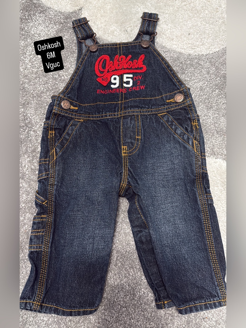 OshKosh B'gosh Dark Blue Denim Overalls with Red Embroidery